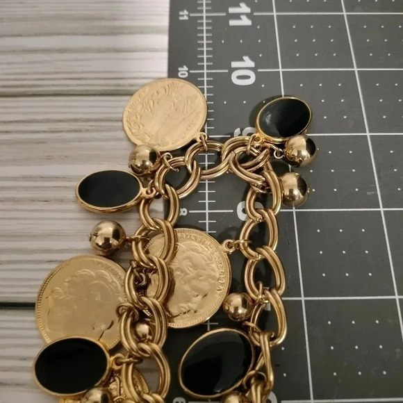 NECKLACE Gold Tone Chain w/Coins Black/Gray Oval/Gold Round Beads, 18" - Picture 4 of 4